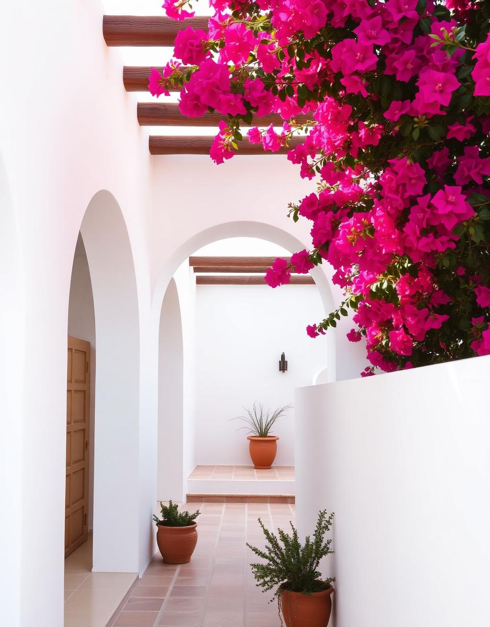 Whitewashed Mediterranean architecture with bougainvillea