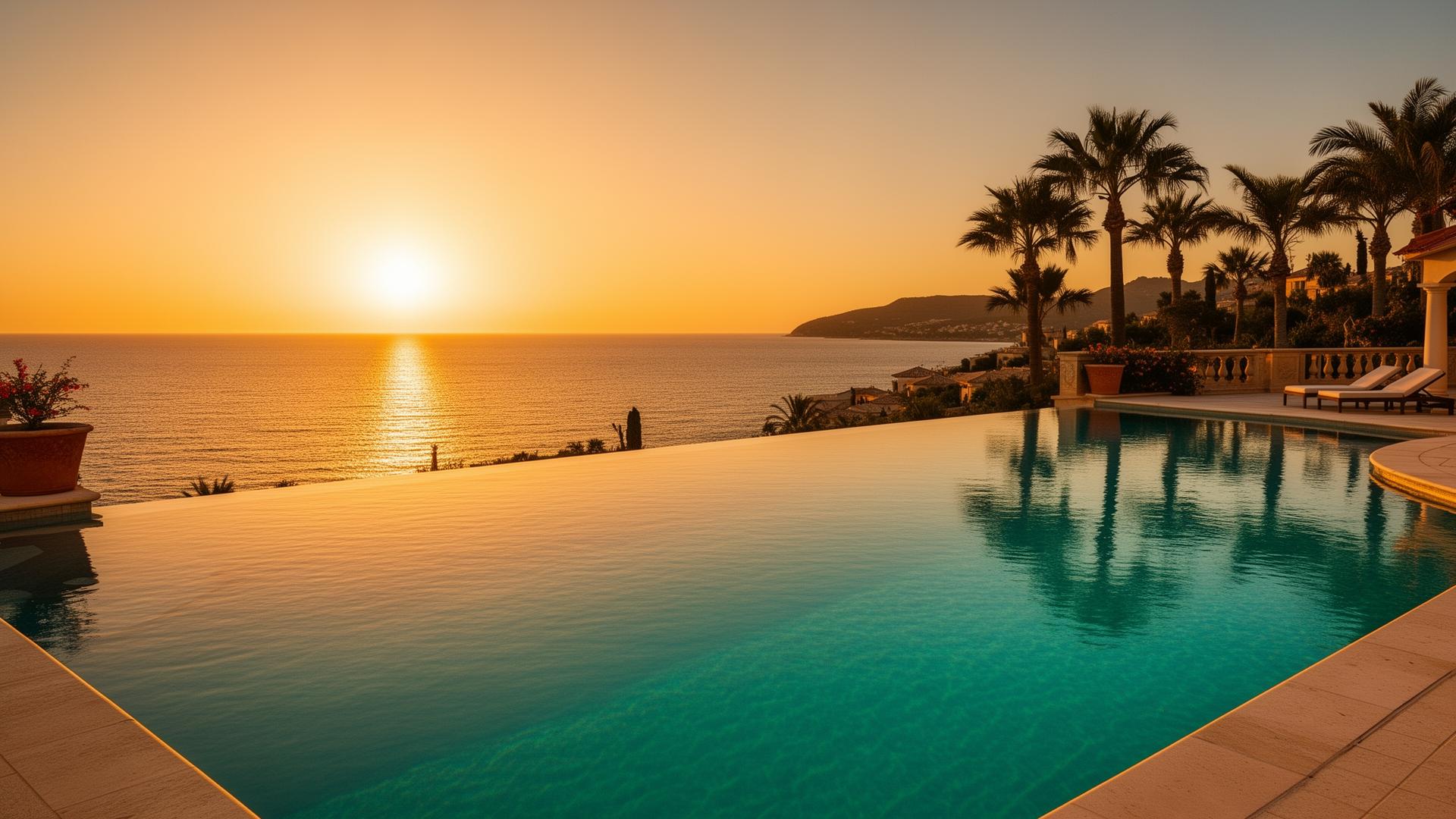 Sunset over Aurelia Sands infinity pool